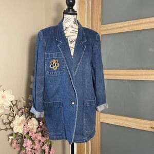 Eddie Bauer Denim Blazer with Pockets Retro Vintage Cuffed Sleeve Shoulder Pad